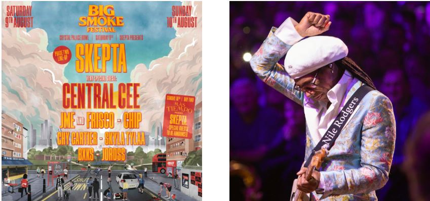 Images l-r: Skepta's Big Smoke festival, Nile Rodgers & CHIC