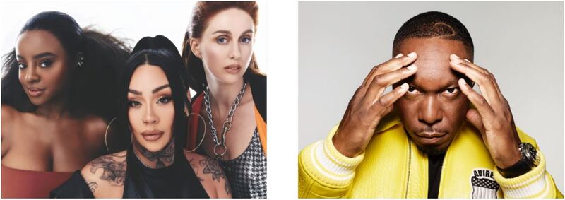 Images left to right: Sugababes, Dizzee Rascal